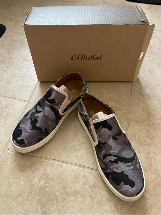 OluKai Shoes - OluKai Women’s Camo Slip-On Sneakers in Black, Gray and Tan